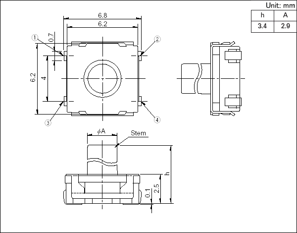 6.2*6.2*3.4alps轻触开关_SKRAAKE010_规格尺寸图